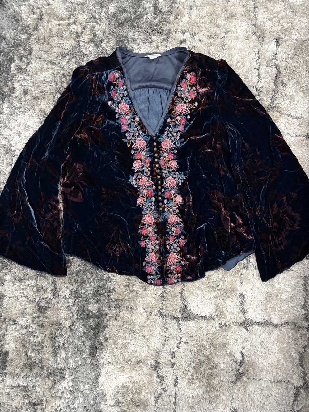 Sundance Velvet Floral Embroidered Black Top with Pink Accents